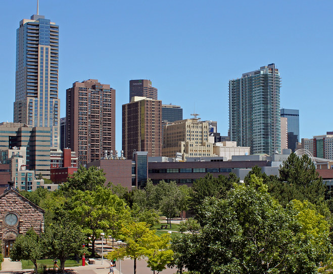A picture of downtown Denver as seen from the Auraria campus