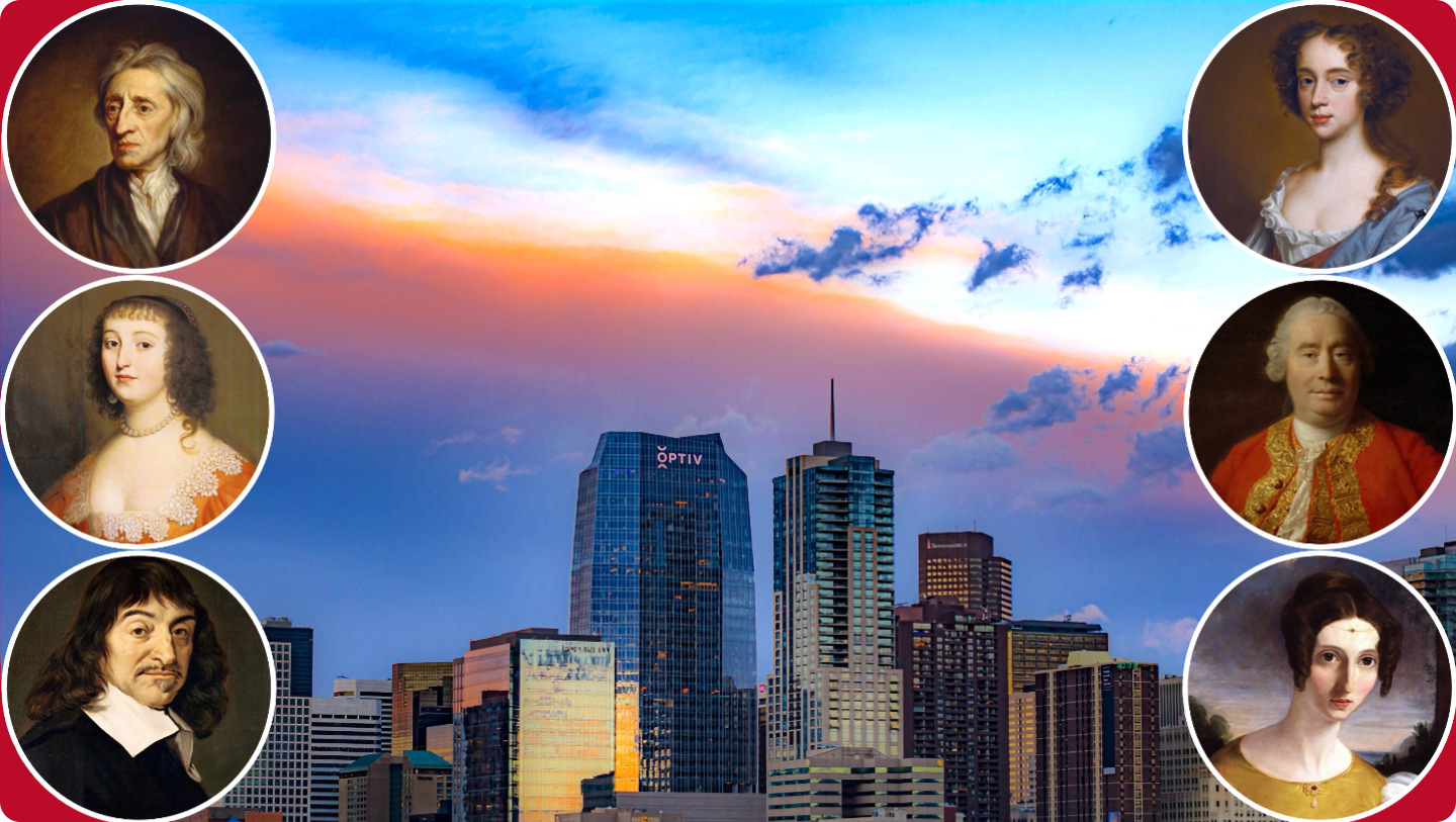 Modern Philosophers arrayed around a sunset shot of downtown Denver