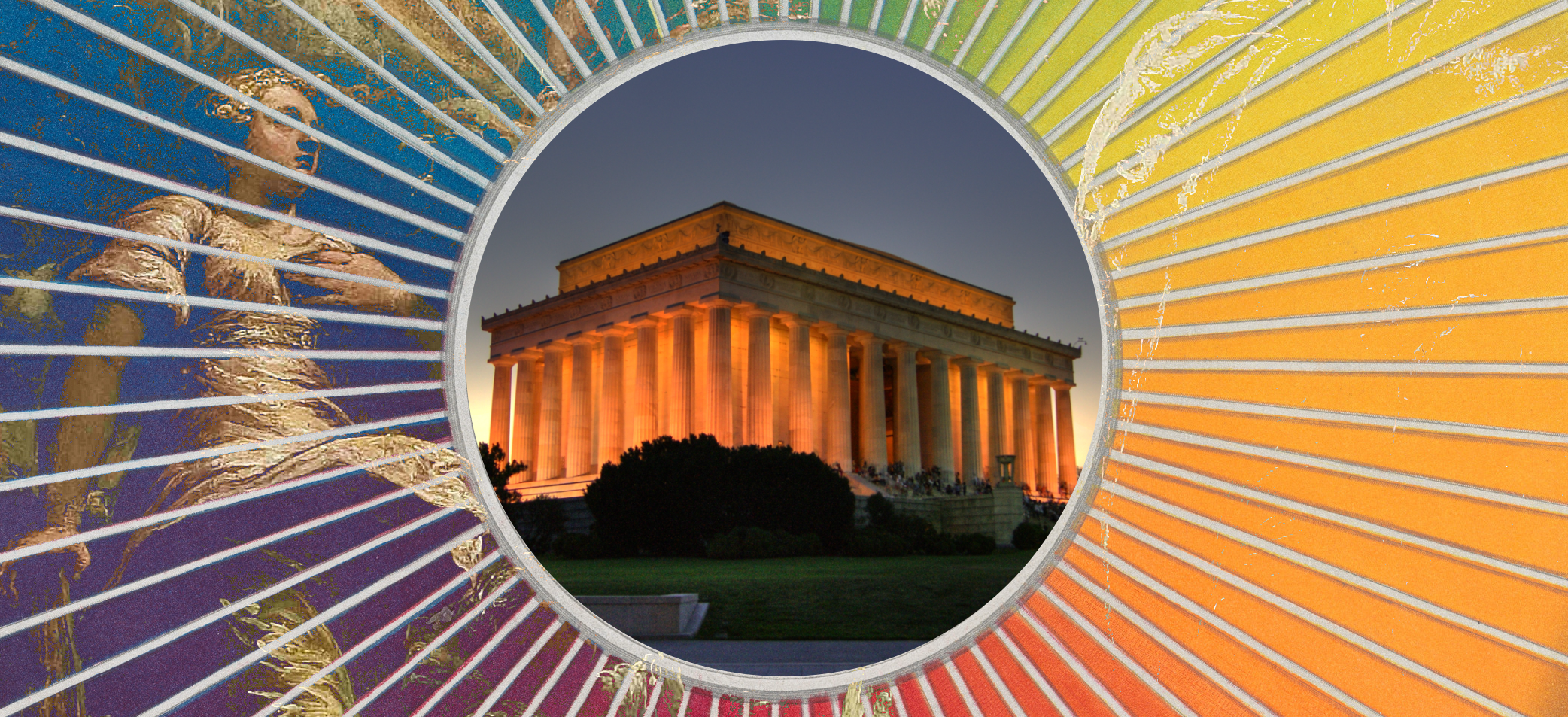 Modern Philosophers arrayed above a night-time shot of the reflecting pool at the Jefferson Memorial